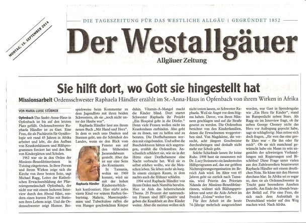 Bericht der Allguer Zeitung (Westallguer) zum Abend mit Sr. Raphaela Hndler